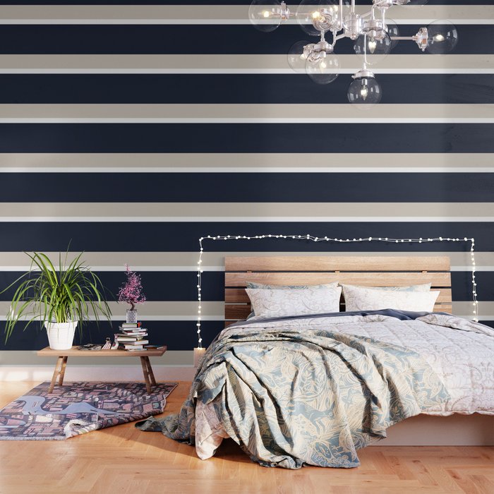 Simple Minimalist Color Block Pattern - Mid Striped Solid Light Mushroom Beige White Deep Navy Blue Wallpaper Gallery Image 1