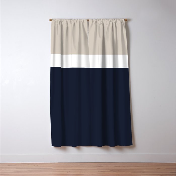 Simple Minimalist Color Block Pattern - Mid Striped Solid Light Mushroom Beige White Deep Navy Blue Window Curtain Gallery Image 3