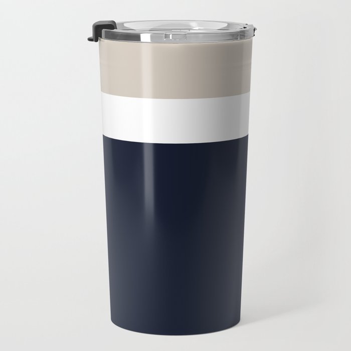 Simple Minimalist Color Block Pattern - Mid Striped Solid Light Mushroom Beige White Deep Navy Blue Travel Mug Gallery Image 3