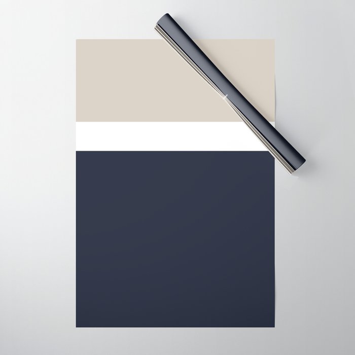 Simple Minimalist Color Block Pattern - Mid Striped Solid Light Mushroom Beige White Deep Navy Blue Wrapping Paper Gallery Image 1
