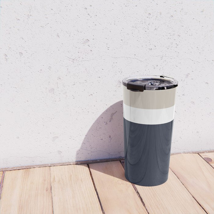 Simple Minimalist Color Block Pattern - Mid Striped Solid Light Mushroom Beige White Deep Navy Blue Travel Mug Gallery Image 4