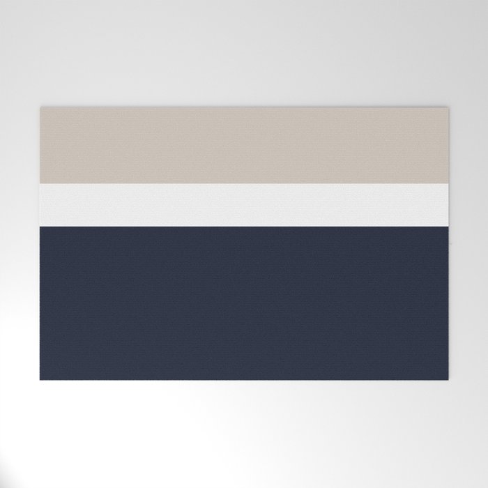 Simple Minimalist Color Block Pattern - Mid Striped Solid Light Mushroom Beige White Deep Navy Blue Welcome Mat Gallery Image 1