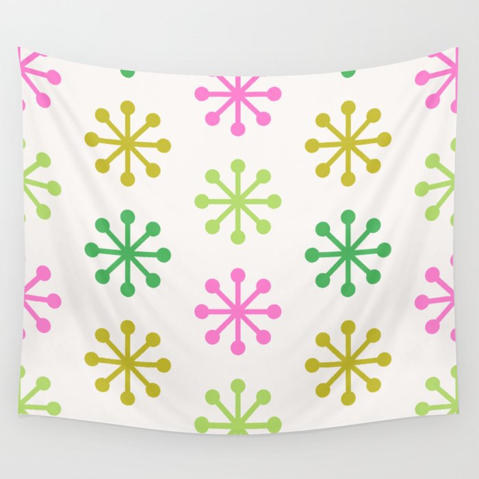 Retro Snowflakes - Pink & Green Wall Tapestry Gallery Image 4