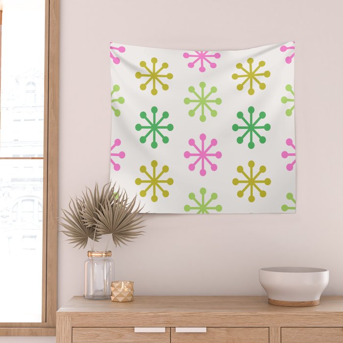 Retro Snowflakes - Pink & Green Wall Tapestry Gallery Image 2