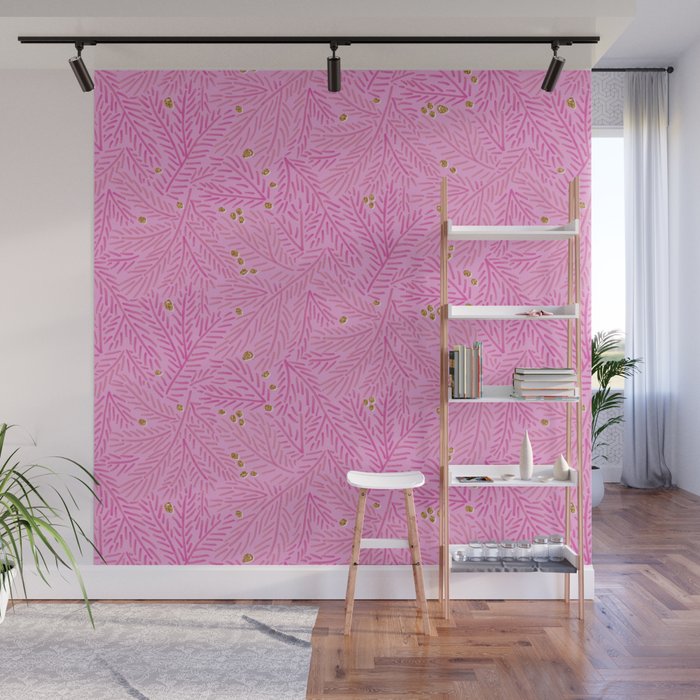 Winter Berries & Pine Branches in Pink & Gold Wall Mural Gallery Image 1