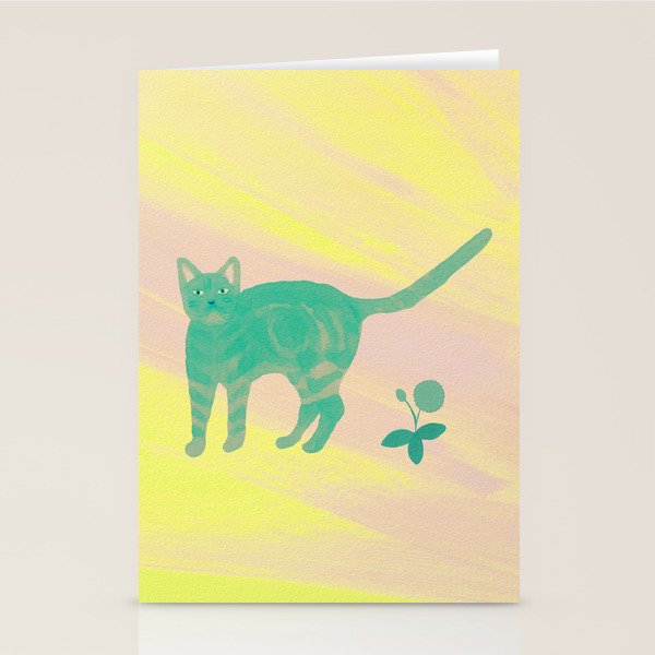 Staring Cat and Flower - Green and Pink and Yellow Stationery Card Gallery Image 2