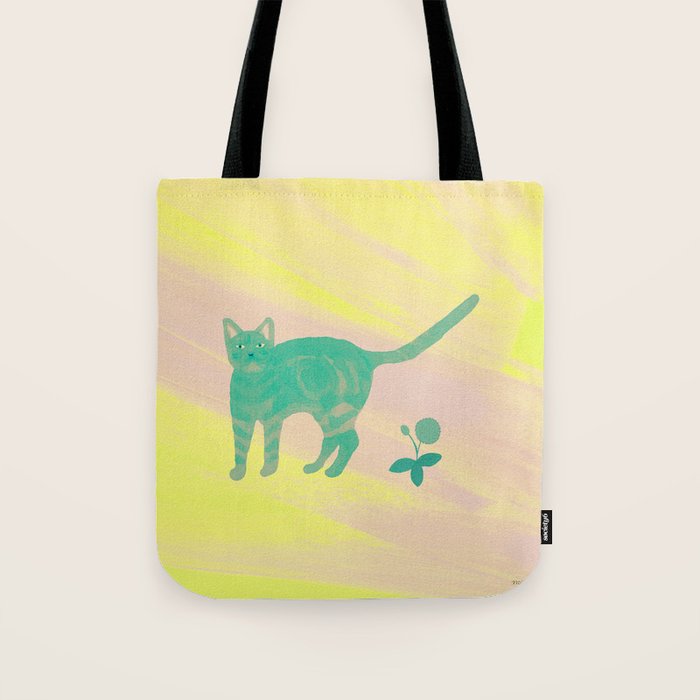 Staring Cat and Flower - Green and Pink and Yellow Tote Bag Gallery Image 1