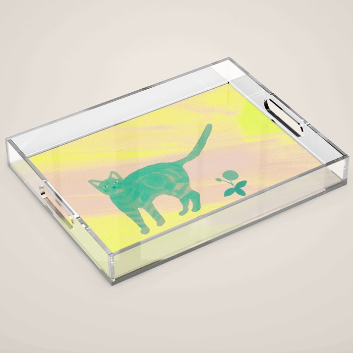 Staring Cat and Flower - Green and Pink and Yellow Acrylic Tray Gallery Image 1