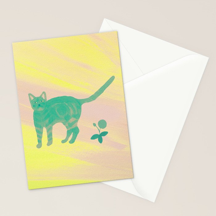 Staring Cat and Flower - Green and Pink and Yellow Stationery Card Gallery Image 2