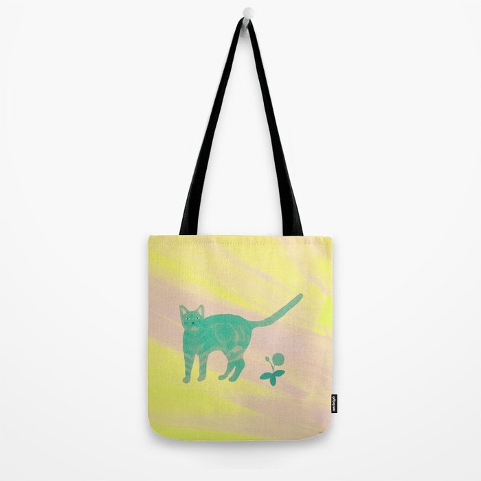 Staring Cat and Flower - Green and Pink and Yellow Tote Bag Gallery Image 2