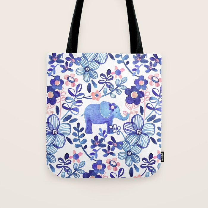 Pale Coral, White and Purple Elephant and Floral Watercolor Pattern Tote Bag Gallery Image 1