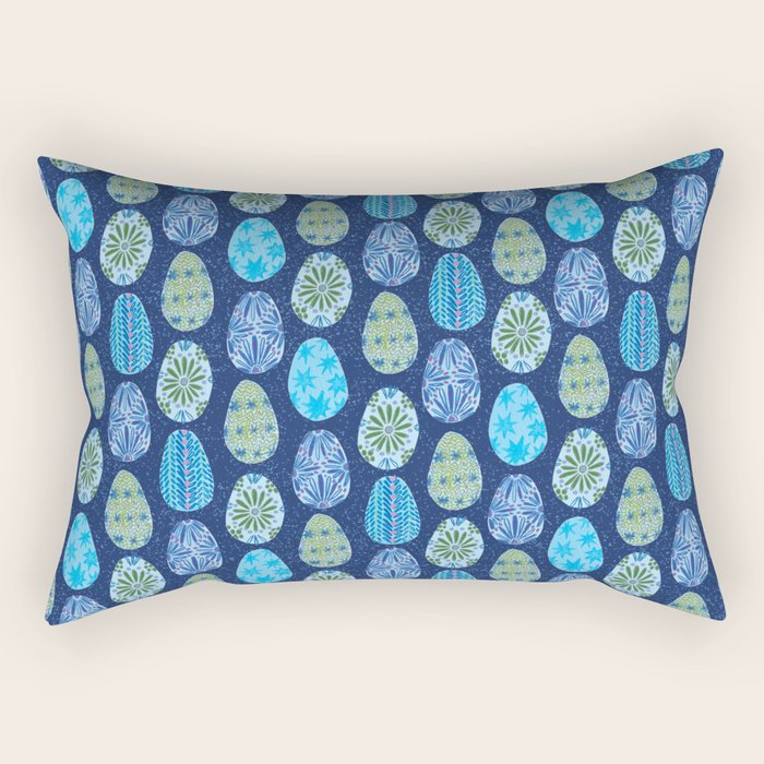 Colorful Folk Art Easter Eggs in Teal & Navy Blue Rectangular Pillow Gallery Image 1