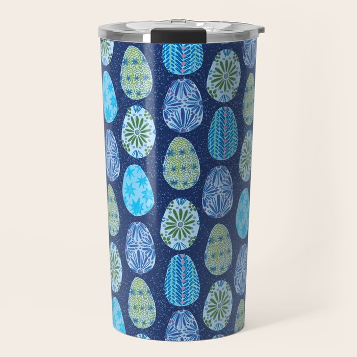 Colorful Folk Art Easter Eggs in Teal & Navy Blue Travel Mug Gallery Image 1