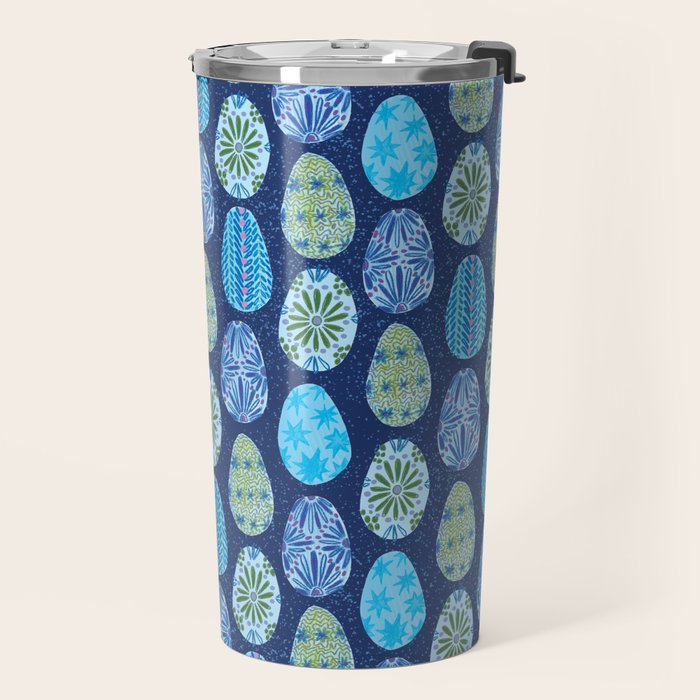 Colorful Folk Art Easter Eggs in Teal & Navy Blue Travel Mug Gallery Image 2