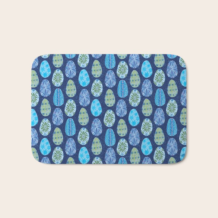 Colorful Folk Art Easter Eggs in Teal & Navy Blue Bath Mat Gallery Image 1