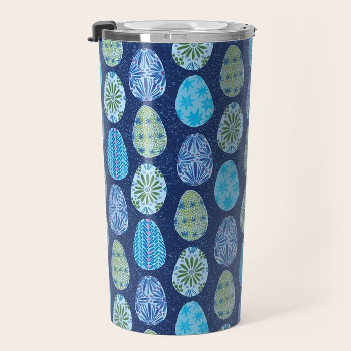 Colorful Folk Art Easter Eggs in Teal & Navy Blue Travel Mug Gallery Image 3
