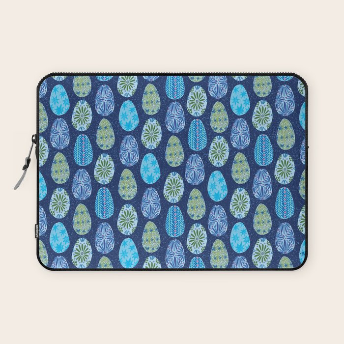 Colorful Folk Art Easter Eggs in Teal & Navy Blue Laptop Sleeve Gallery Image 1
