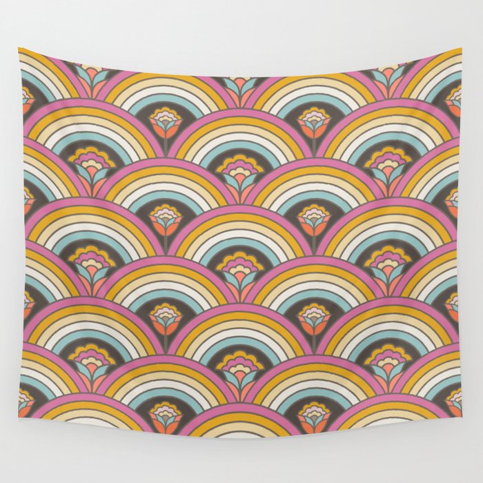 Retro Rainbow Flowers - multi-color Wall Tapestry Gallery Image 1