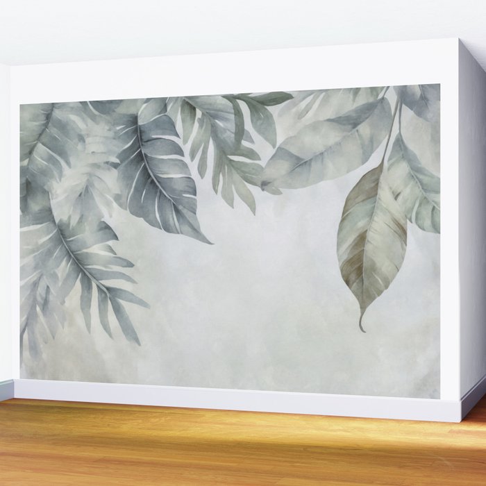 Calm Tropical Foliage Pastel Teal And Grey Wall Mural Gallery Image 2