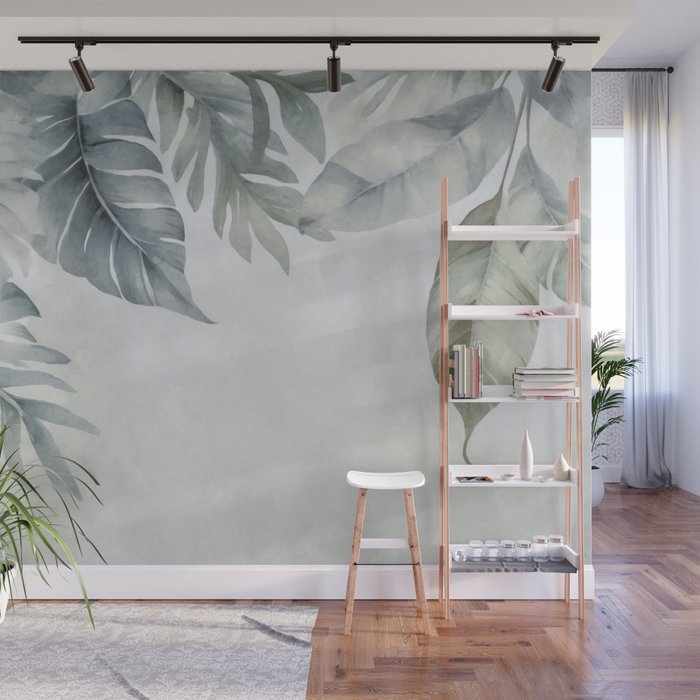 Calm Tropical Foliage Pastel Teal And Grey Wall Mural Gallery Image 1