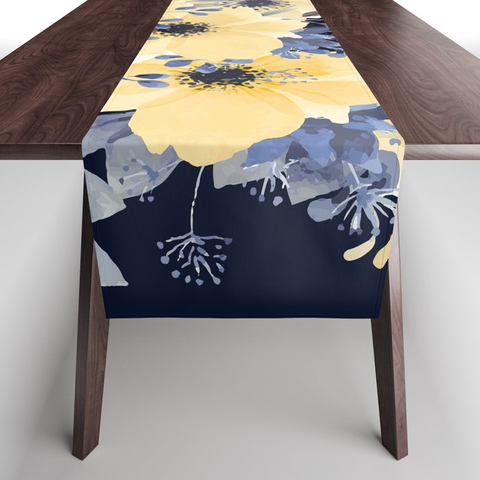 Floral Watercolor Print, Yellow and Navy Blue Table Runner Gallery Image 1
