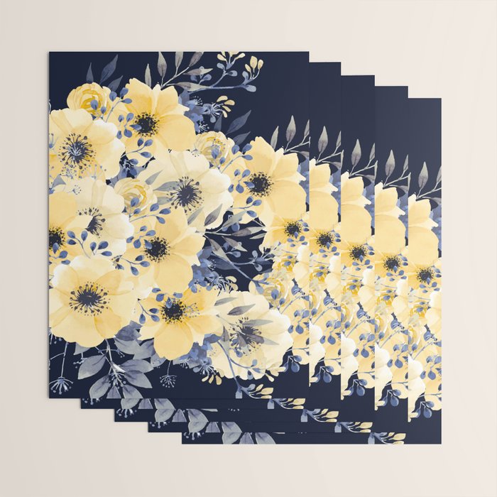 Floral Watercolor Print, Yellow and Navy Blue Wrapping Paper Gallery Image 3