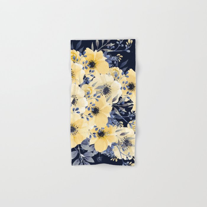 Floral Watercolor Print, Yellow and Navy Blue Bath Towel Gallery Image 1