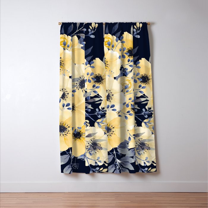 Floral Watercolor Print, Yellow and Navy Blue Window Curtain Gallery Image 3