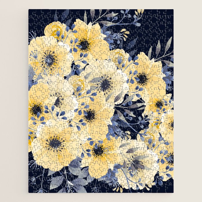 Floral Watercolor Print, Yellow and Navy Blue Jigsaw Puzzle Gallery Image 1