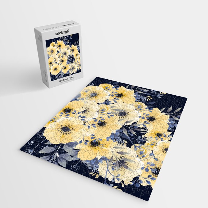 Floral Watercolor Print, Yellow and Navy Blue Jigsaw Puzzle Gallery Image 2