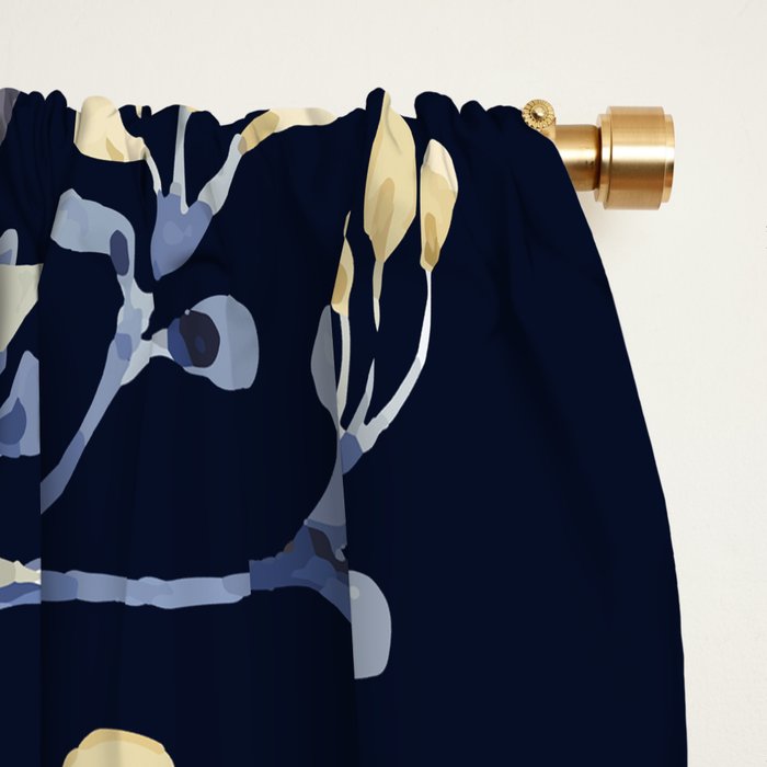 Floral Watercolor Print, Yellow and Navy Blue Window Curtain Gallery Image 2