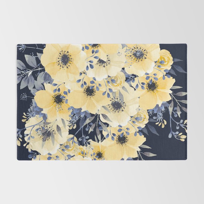 Floral Watercolor Print, Yellow and Navy Blue Rug Gallery Image 2