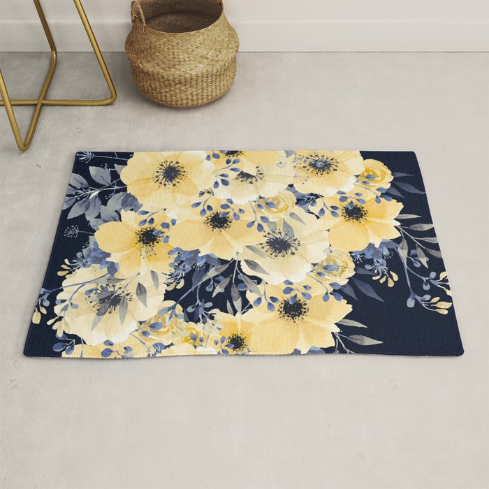 Floral Watercolor Print, Yellow and Navy Blue Rug Gallery Image 1