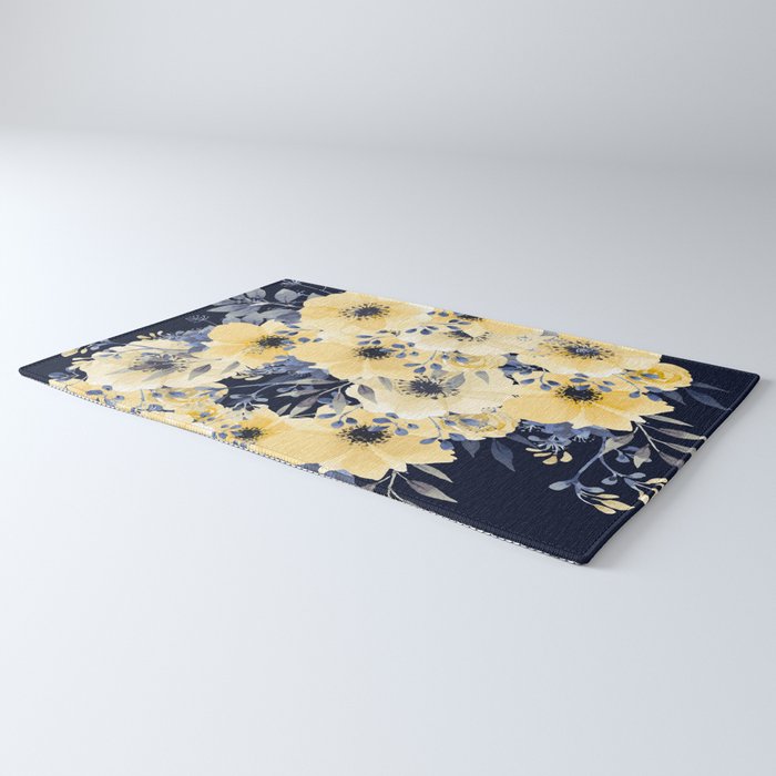 Floral Watercolor Print, Yellow and Navy Blue Rug Gallery Image 3