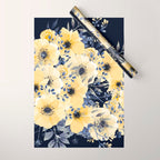Floral Watercolor Print, Yellow and Navy Blue Wrapping Paper Gallery Image 1