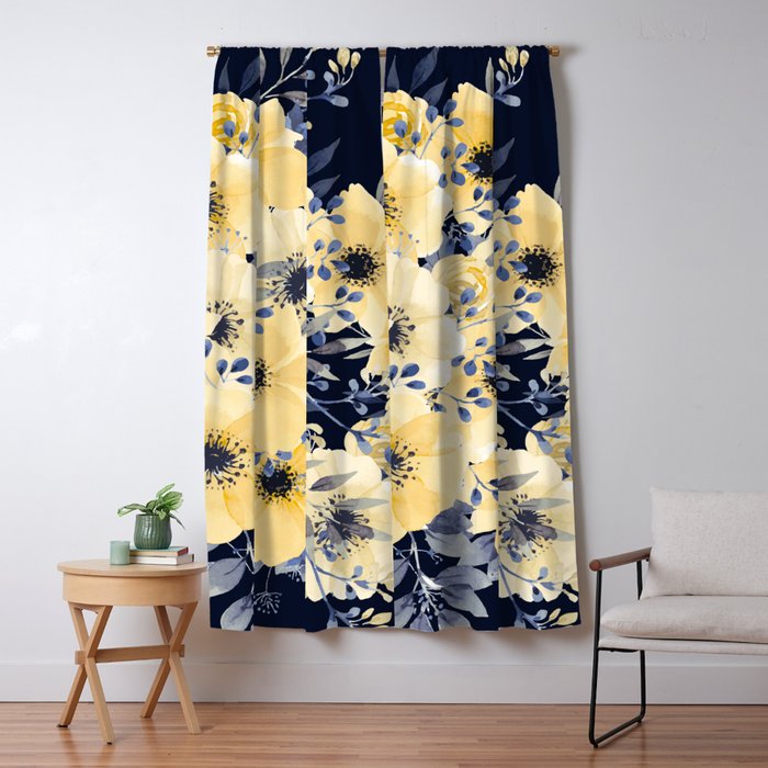 Floral Watercolor Print, Yellow and Navy Blue Window Curtain Gallery Image 5