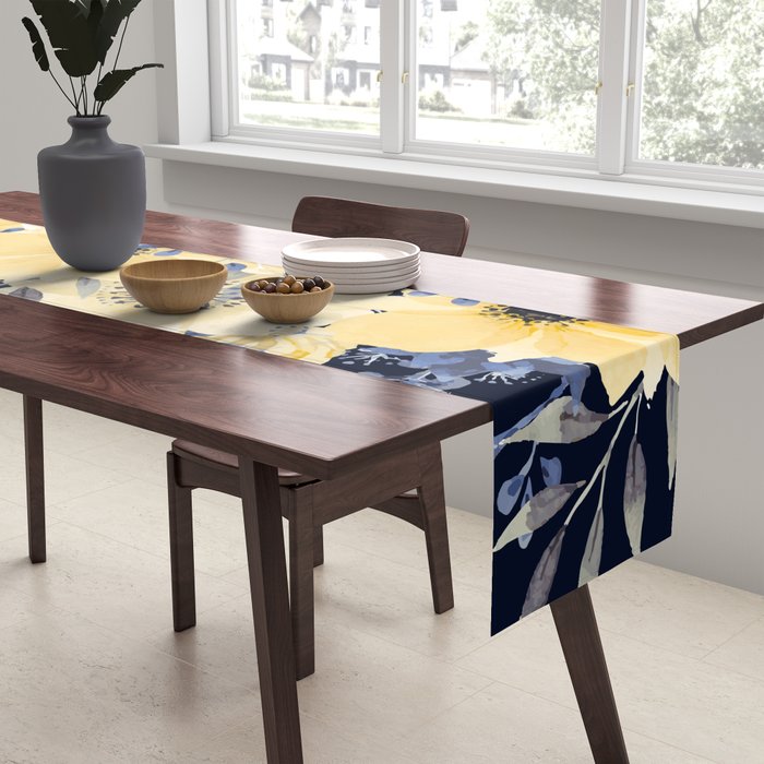 Floral Watercolor Print, Yellow and Navy Blue Table Runner Gallery Image 2