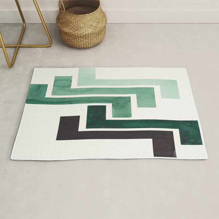 Deep Green Pattern Mid-century Modern Simple Geometric Pattern Watercolor Minimalist Art Squares Rug Gallery Image 1