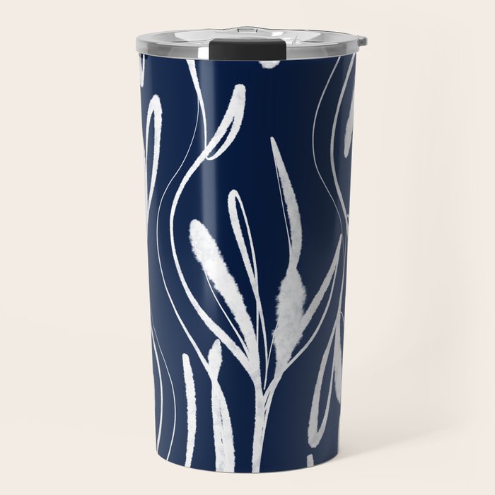 Botanical Wisps Abstract Pattern in Nautical Navy Blue and White  Travel Mug Gallery Image 1