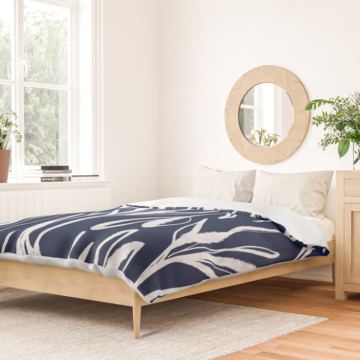 Botanical Wisps Abstract Pattern in Nautical Navy Blue and White  Duvet Cover Gallery Image 2