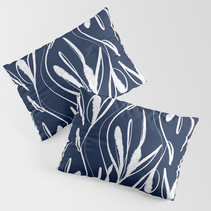 Botanical Wisps Abstract Pattern in Nautical Navy Blue and White  Pillow Sham Gallery Image 1