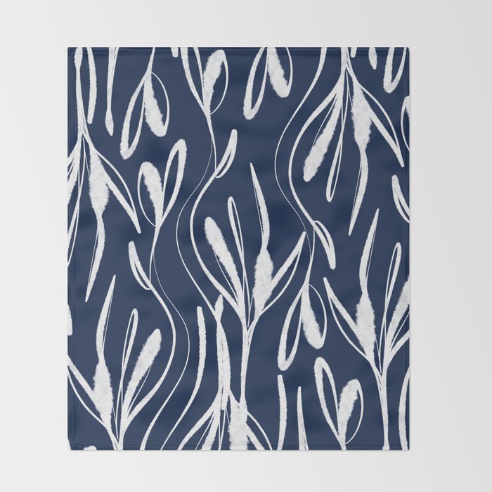 Botanical Wisps Abstract Pattern in Nautical Navy Blue and White  Throw Blanket Gallery Image 2