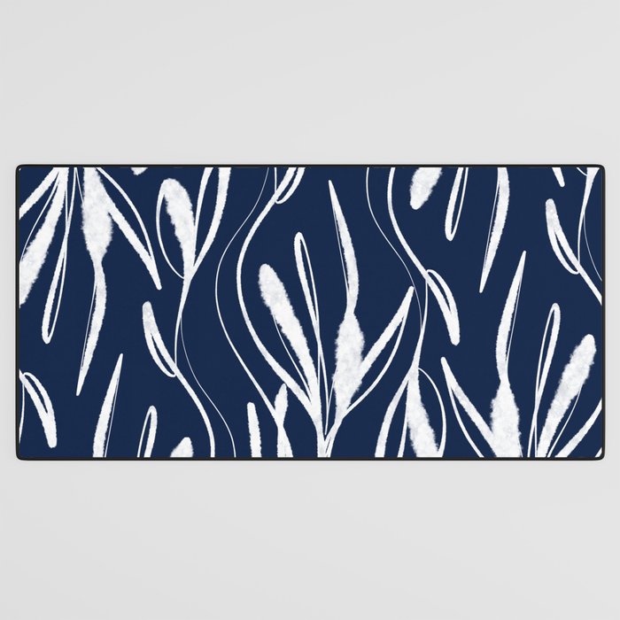 Botanical Wisps Abstract Pattern in Nautical Navy Blue and White  Desk Mat Gallery Image 3