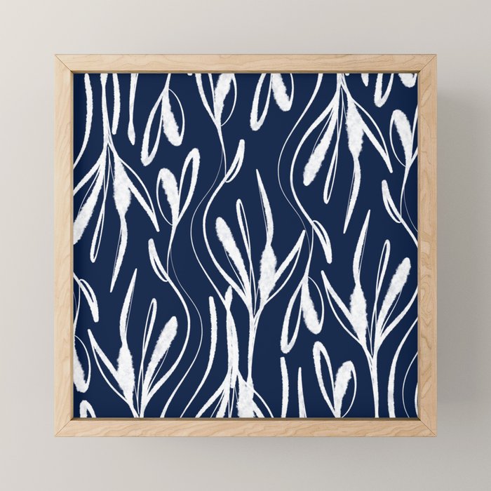 Botanical Wisps Abstract Pattern in Nautical Navy Blue and White  Mini Art Print Gallery Image 1