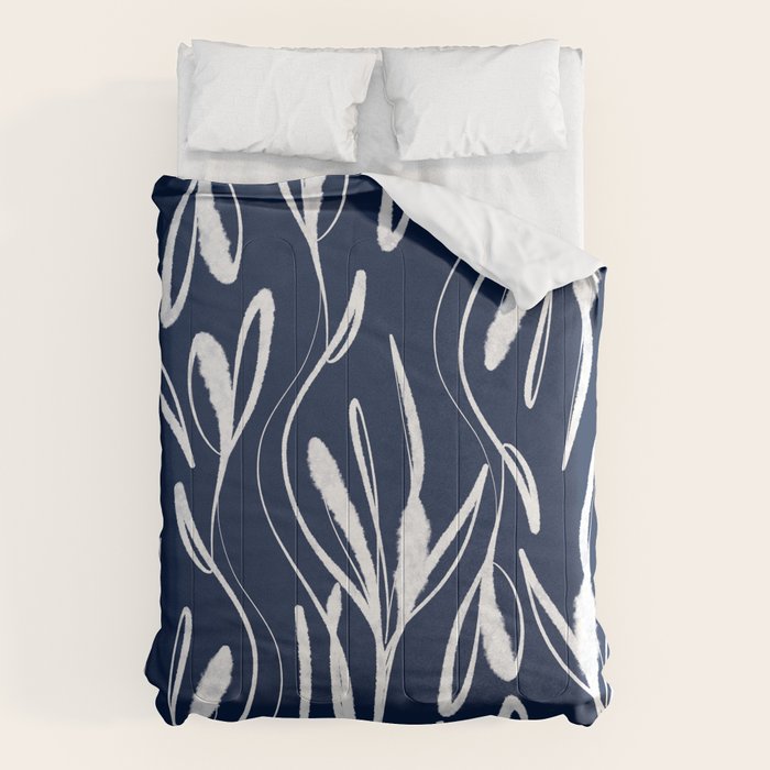 Botanical Wisps Abstract Pattern in Nautical Navy Blue and White  Comforter Gallery Image 6