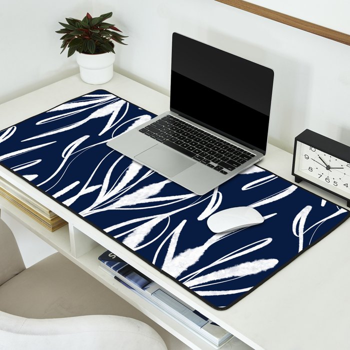 Botanical Wisps Abstract Pattern in Nautical Navy Blue and White  Desk Mat Gallery Image 2