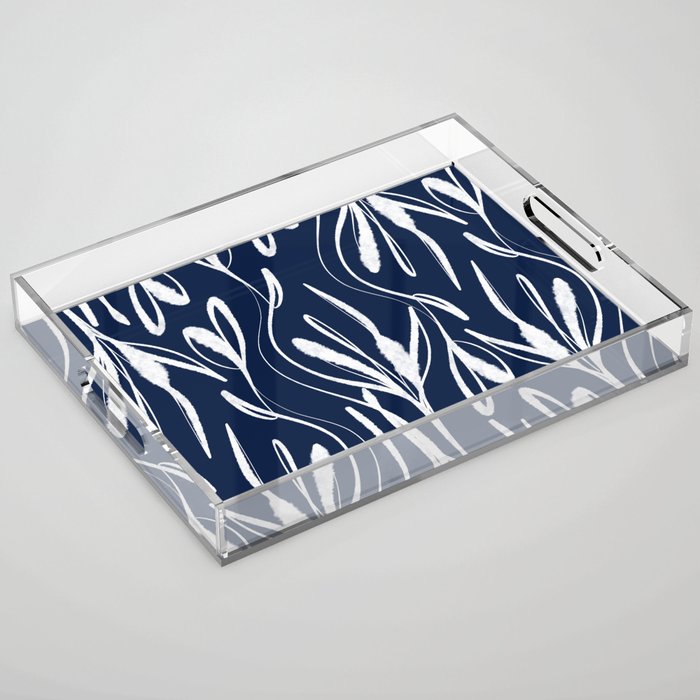 Botanical Wisps Abstract Pattern in Nautical Navy Blue and White  Acrylic Tray Gallery Image 1