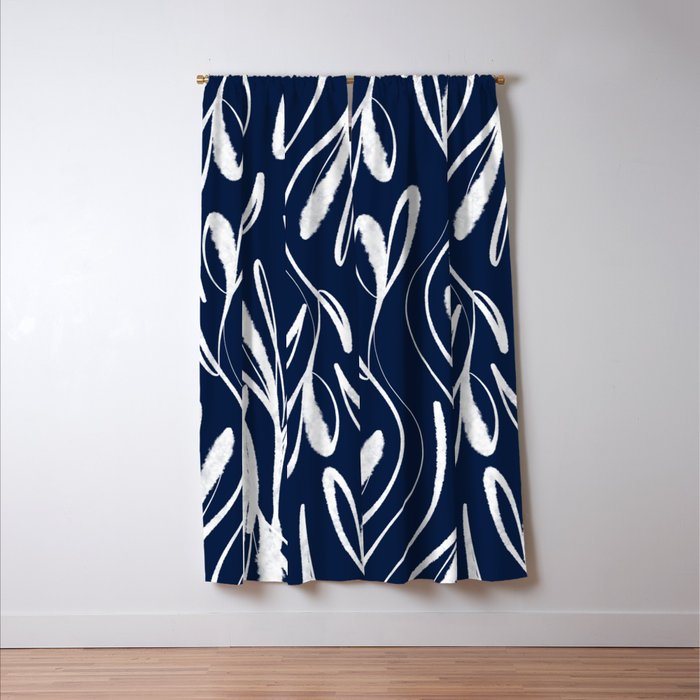 Botanical Wisps Abstract Pattern in Nautical Navy Blue and White  Window Curtain Gallery Image 3