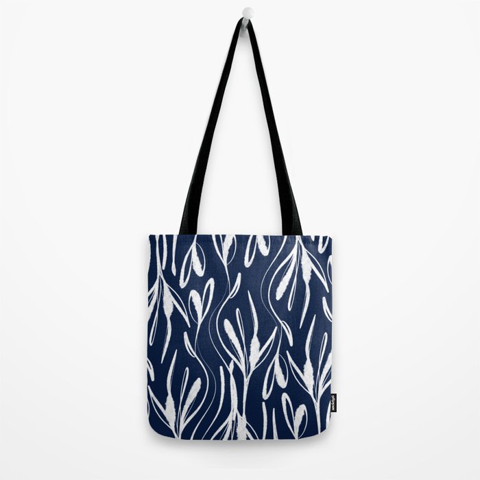 Botanical Wisps Abstract Pattern in Nautical Navy Blue and White  Tote Bag Gallery Image 2