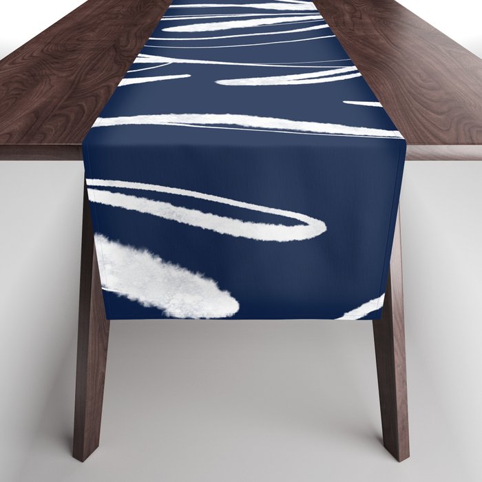 Botanical Wisps Abstract Pattern in Nautical Navy Blue and White  Table Runner Gallery Image 1